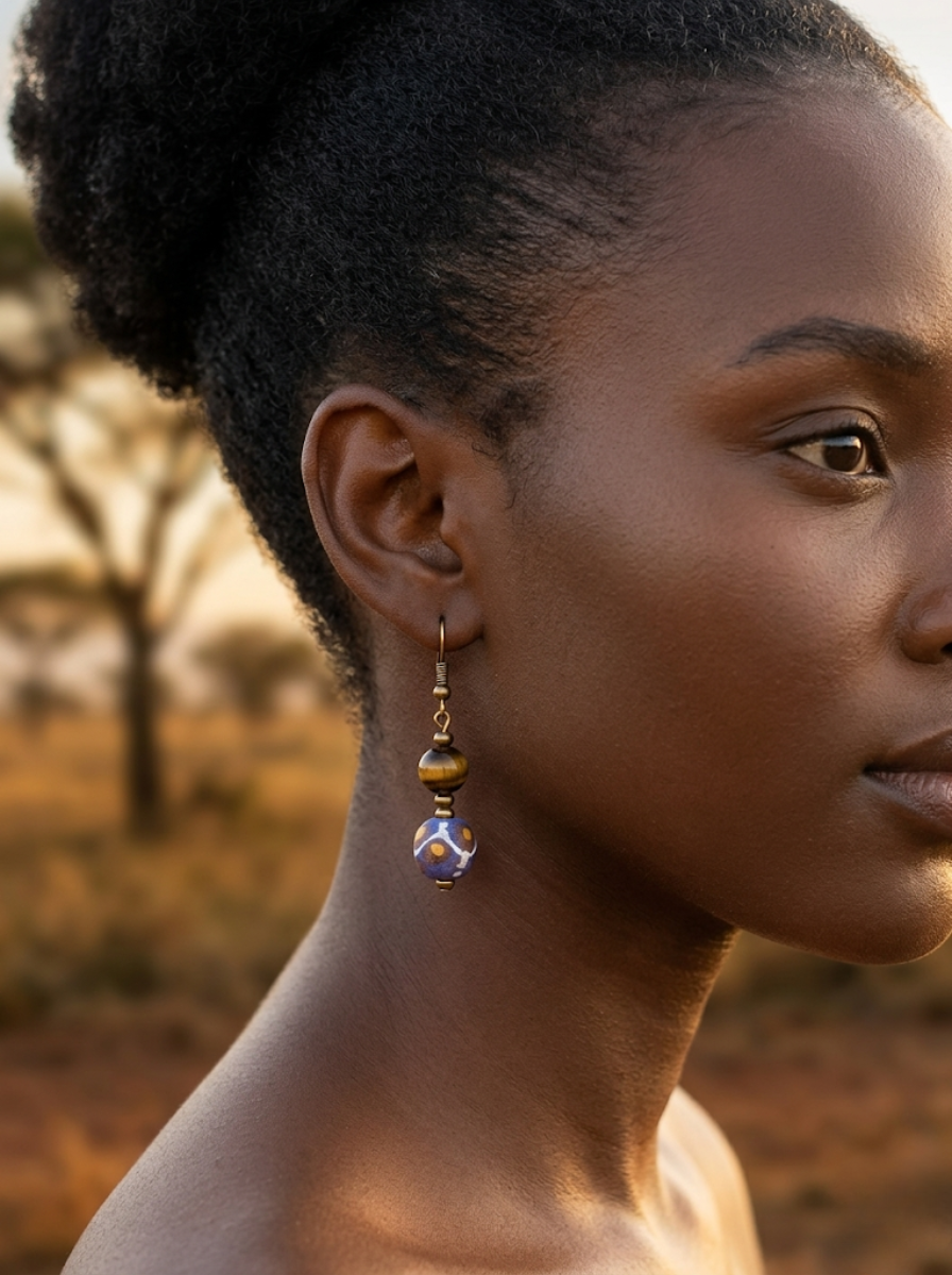 Doris Earrings with Tiger's Eye and Blue Beads | Hand-Painted Jewelry by OneWay Kenya