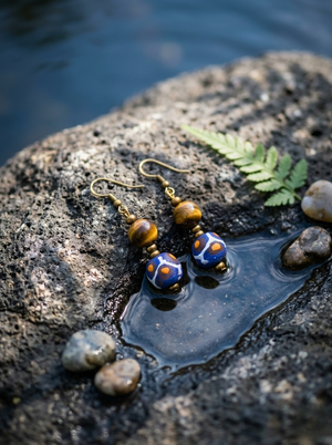 Doris Earrings with Tiger's Eye and Blue Beads | Hand-Painted Jewelry by OneWay Kenya