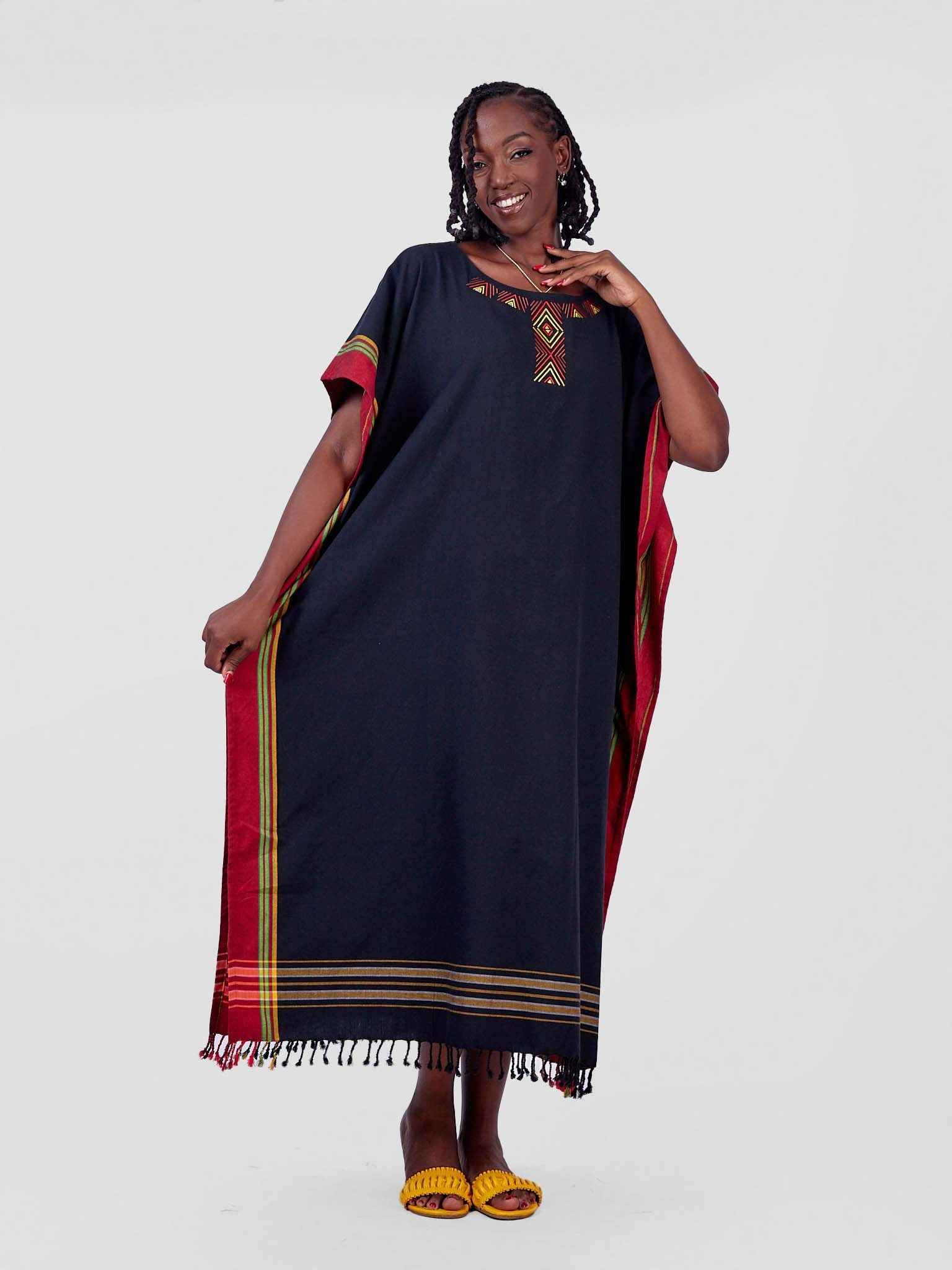 African Handmade Dress - Unique Kikoy Dress with Embroidery & Beadwork African Handmade Dress - Unique Kikoy Dress with Embroidery & Beadwork