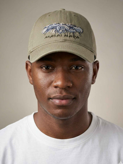 Maasai Mara Embroidered Cap - Cotton Twill Wildebeest Design