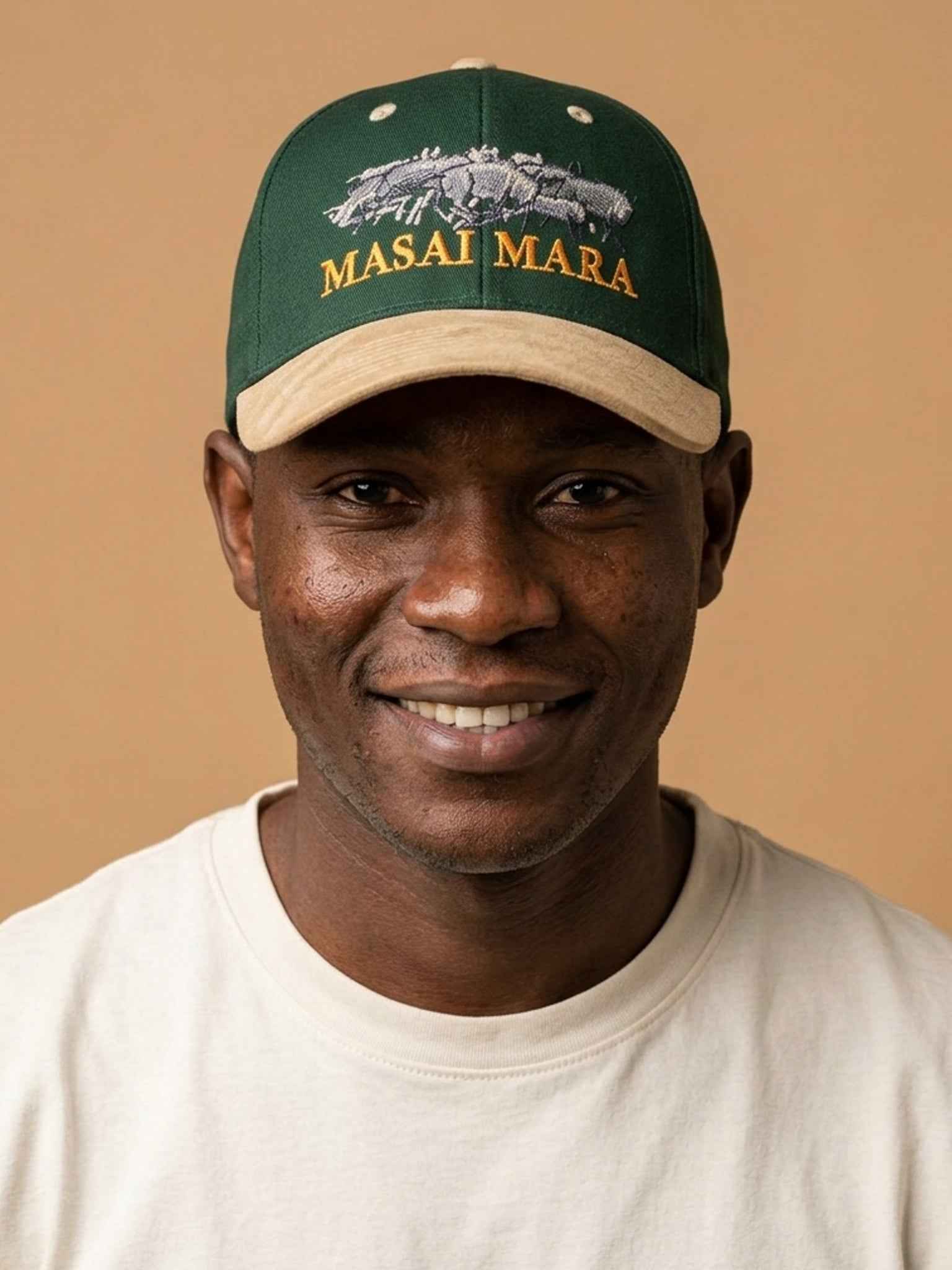 Masai Mara Wildebeest Cap - Embroidered Leather Peak Cap