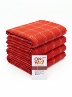 Stack of red checkered towels with a 'One Way' label on a white background