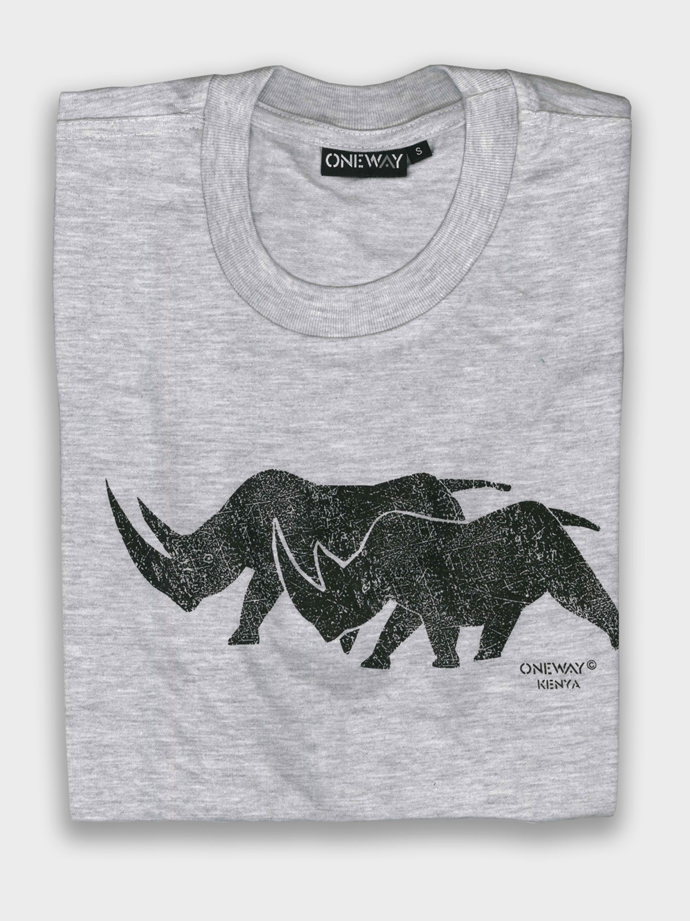 Gray t-shirt with black rhino design and 'Oneway' branding on a white background